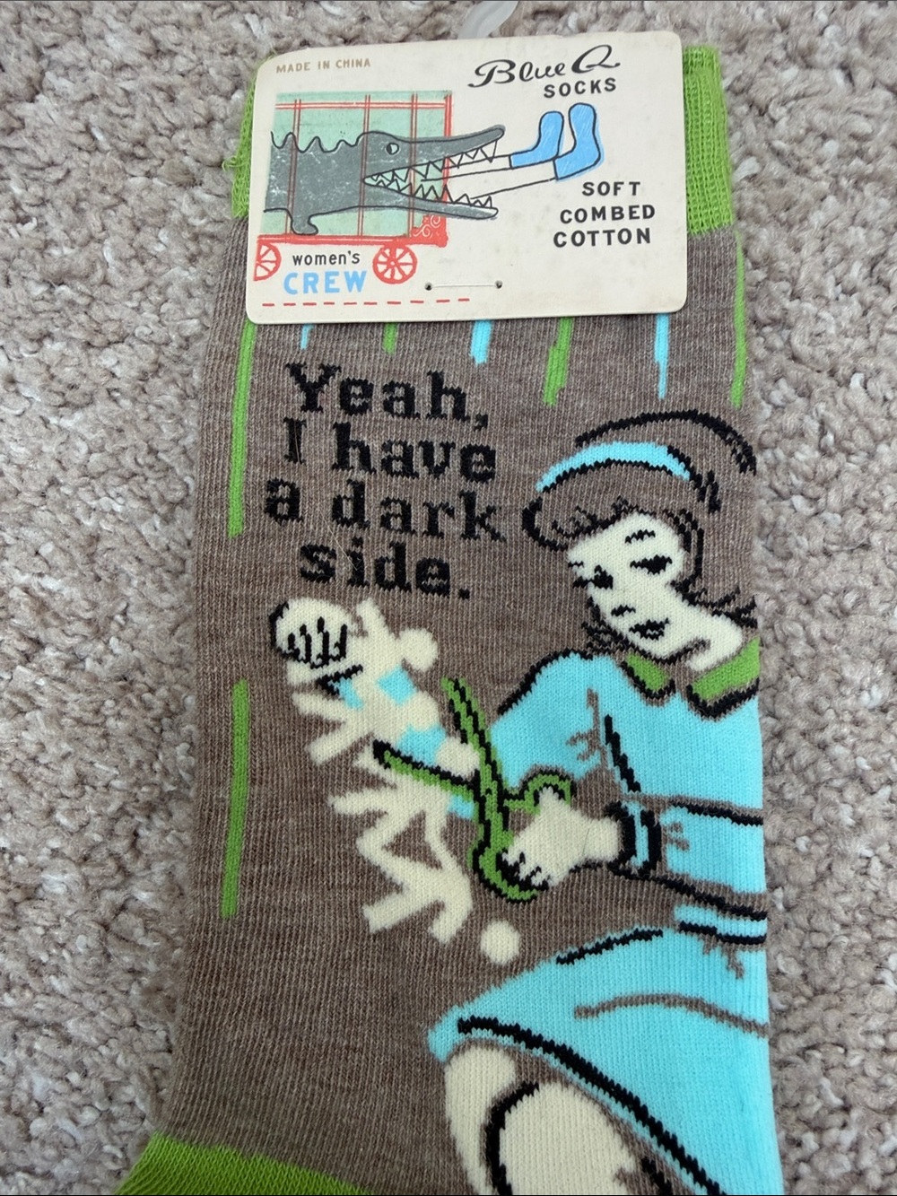 Blue Q Brown Crew Socks with Aqua & Lime Graphic